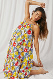 HY6991 Yellow Mix Womens Vivid Floral Tassel Shoulder Tie Linen Blend Dress Pose 2