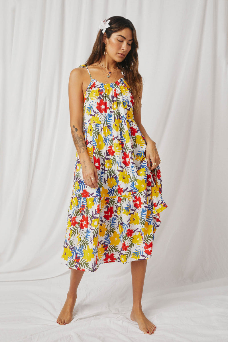 HY6991 Yellow Mix  Womens Vivid Floral Tassel Shoulder Tie Linen Blend Dress Full Body