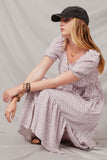 HY7002 Lavender Womens Ditsy Floral Sweetheart Neck Dress Pose