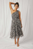 HY7033 Black Womens Floral Print One Shoulder Tiered Dress Full Body