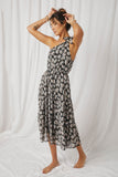 HY7033 Black Womens Floral Print One Shoulder Tiered Dress Pose