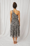 HY7033 Black Womens Floral Print One Shoulder Tiered Dress Pose 2