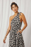 HY7033 Black Womens Floral Print One Shoulder Tiered Dress Back