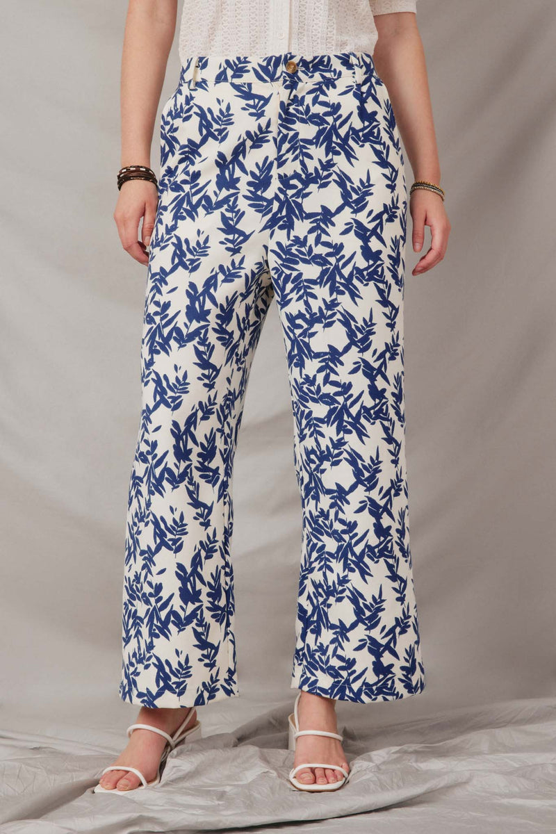 HY7050 Blue Womens Floral Printed Wideleg Pants Front