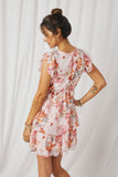 HY7126 Off White Womens Romantic Floral Tiered Flutter Sleeve Dress Back