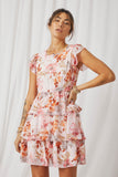 HY7126 Off White Womens Romantic Floral Tiered Flutter Sleeve Dress Front