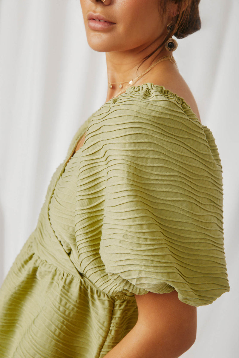 HY7173 Green Womens Textured Exaggerated Puff Sleeve Surplice Top Side