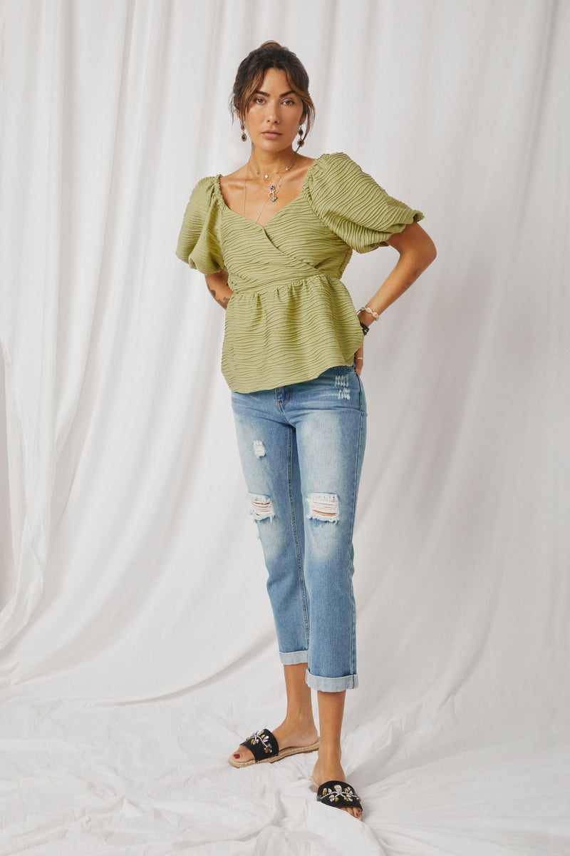 HY7173 Green Womens Textured Exaggerated Puff Sleeve Surplice Top Full Body
