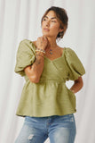 HY7173 Green Womens Textured Exaggerated Puff Sleeve Surplice Top Front