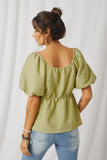 HY7173 Green Womens Textured Exaggerated Puff Sleeve Surplice Top Back