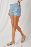 HY7280 Blue Womens Floral Printed Distressed Denim Shorts Side