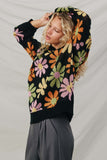 HY7433 Black Womens Retro Daisy Knit Pullover Sweater Pose