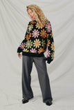 HY7433 Black Womens Retro Daisy Knit Pullover Sweater Full Body