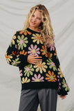 HY7433 Black Womens Retro Daisy Knit Pullover Sweater Front