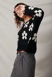 HY7434 Black Womens Distressed Floral Patterned Cardigan Pose