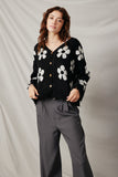 HY7434 Black Womens Distressed Floral Patterned Cardigan Front