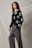 HY7434 Black Womens Distressed Floral Patterned Cardigan Side