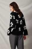 HY7434 Black Womens Distressed Floral Patterned Cardigan Back