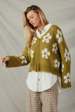 HY7434 Olive Womens Distressed Floral Patterned Cardigan Side