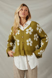 HY7434 Olive Womens Distressed Floral Patterned Cardigan Front