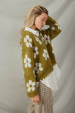 HY7434 Olive Womens Distressed Floral Patterned Cardigan Pose