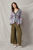 HY7450 Olive Womens Crochet Detail Tasseled Border Print Top Full Body