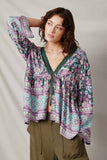 HY7450 Olive Womens Crochet Detail Tasseled Border Print Top Front