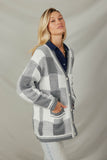 HY7463 Grey Womens Mixed Knit Statement Button Quilted Sweater Cardigan Detail
