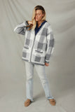 HY7463 Grey Womens Mixed Knit Statement Button Quilted Sweater Cardigan Pose