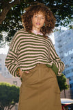 HY7464 Olive Womens Striped Drop Should Low Gauge Sweater Front