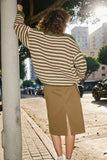 HY7464 Olive Womens Striped Drop Should Low Gauge Sweater Back