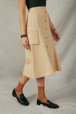 HY7498 Beige Womens Button Down Cargo Pocket Midi Skirt Side