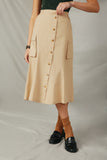 HY7498 Beige Womens Button Down Cargo Pocket Midi Skirt Front