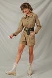 HY7516 Sage Womens Button Up Cargo Pocket Long Sleeve Romper Pose