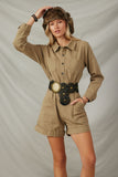 HY7516 Sage Womens Button Up Cargo Pocket Long Sleeve Romper Front