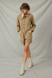 HY7516 Sage Womens Button Up Cargo Pocket Long Sleeve Romper Full Body