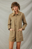 HY7516 Sage Womens Button Up Cargo Pocket Long Sleeve Romper Front