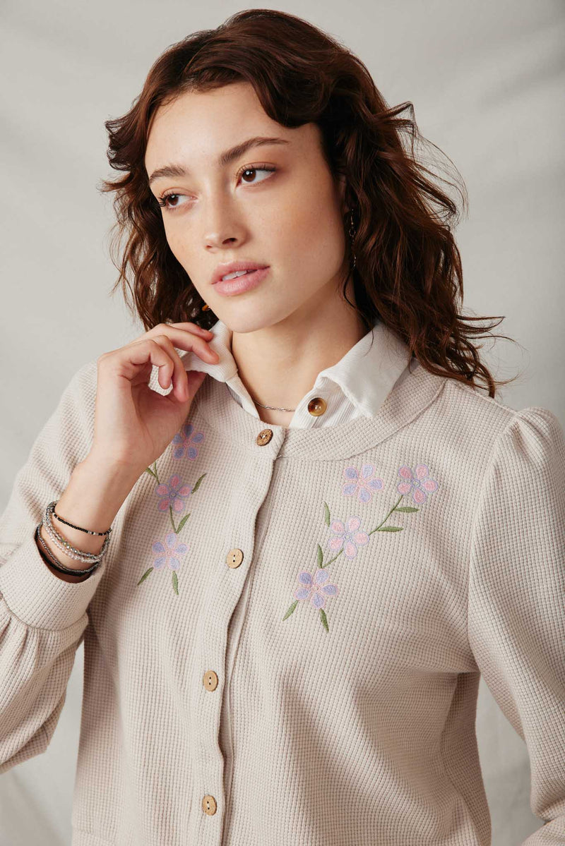 HY7517 Taupe Womens Floral Embroidered Textured Knit Cardigan Pose