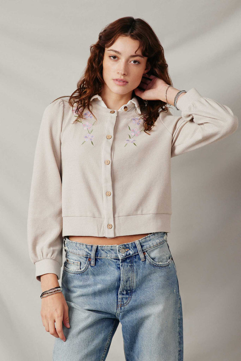 HY7517 Taupe Womens Floral Embroidered Textured Knit Cardigan Front
