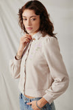 HY7517 Taupe Womens Floral Embroidered Textured Knit Cardigan Side
