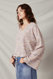 HY7523 Lavender Womens Textured V Neck Drop Should Marled Knit Top Side