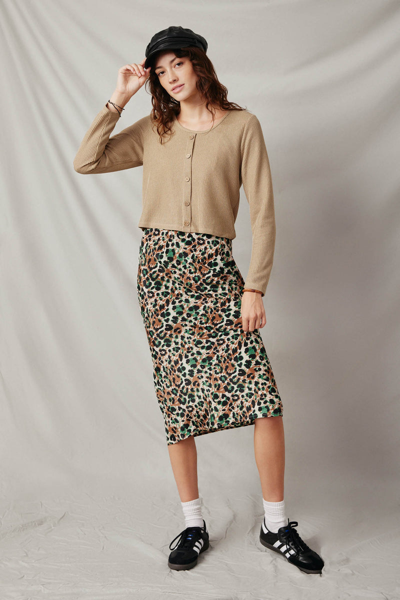 HY7525 Taupe Womens Lightweight Knit Button Detail Scoop Neck Top Full Body