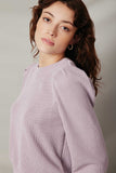 HY7527 Lavender Womens Ribbed Knit Banded Detail Mock Neck Top Side