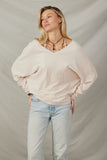 HY7538 Beige Womens Brushed Button Detail V Neck Cuffed Dolman Knit Top Front