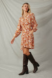 HY7540 Rust Womens Floral Print Button Up V Neck Smock Detail Dress Detail