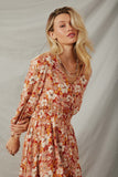 HY7540 Rust Womens Floral Print Button Up V Neck Smock Detail Dress Pose