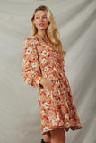 HY7540 Rust Womens Floral Print Button Up V Neck Smock Detail Dress Pose 2