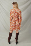 HY7540 Rust Womens Floral Print Button Up V Neck Smock Detail Dress Back