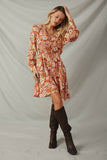 HY7540 Rust Womens Floral Print Button Up V Neck Smock Detail Dress Full Body