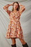 HY7540 Rust Womens Floral Print Button Up V Neck Smock Detail Dress Front